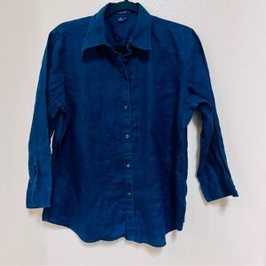 VNTG CHAPS Womens Large Navy Blue Linen Blouse ButtonDown 3/4 Sleeve Embroidered